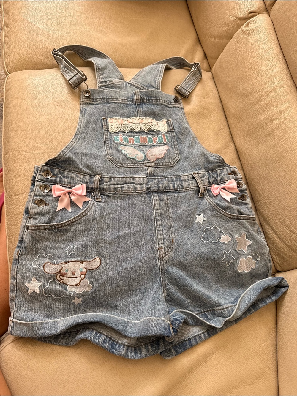 Girls Denim Short Overalls Embroidered Cinnamonroll by Sanrio